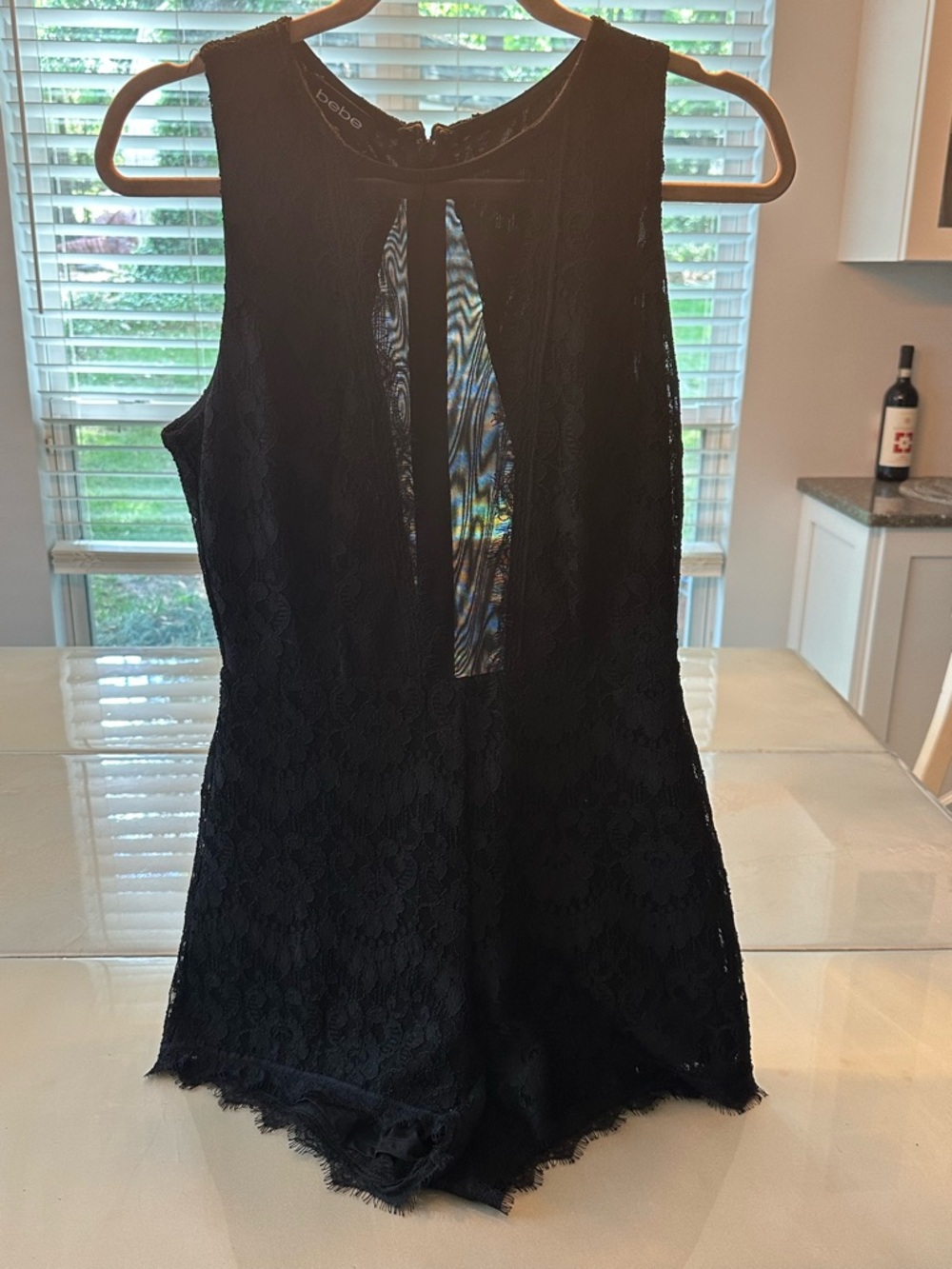 bebe Black Lace Sleeveless Romper with Keyhole Front